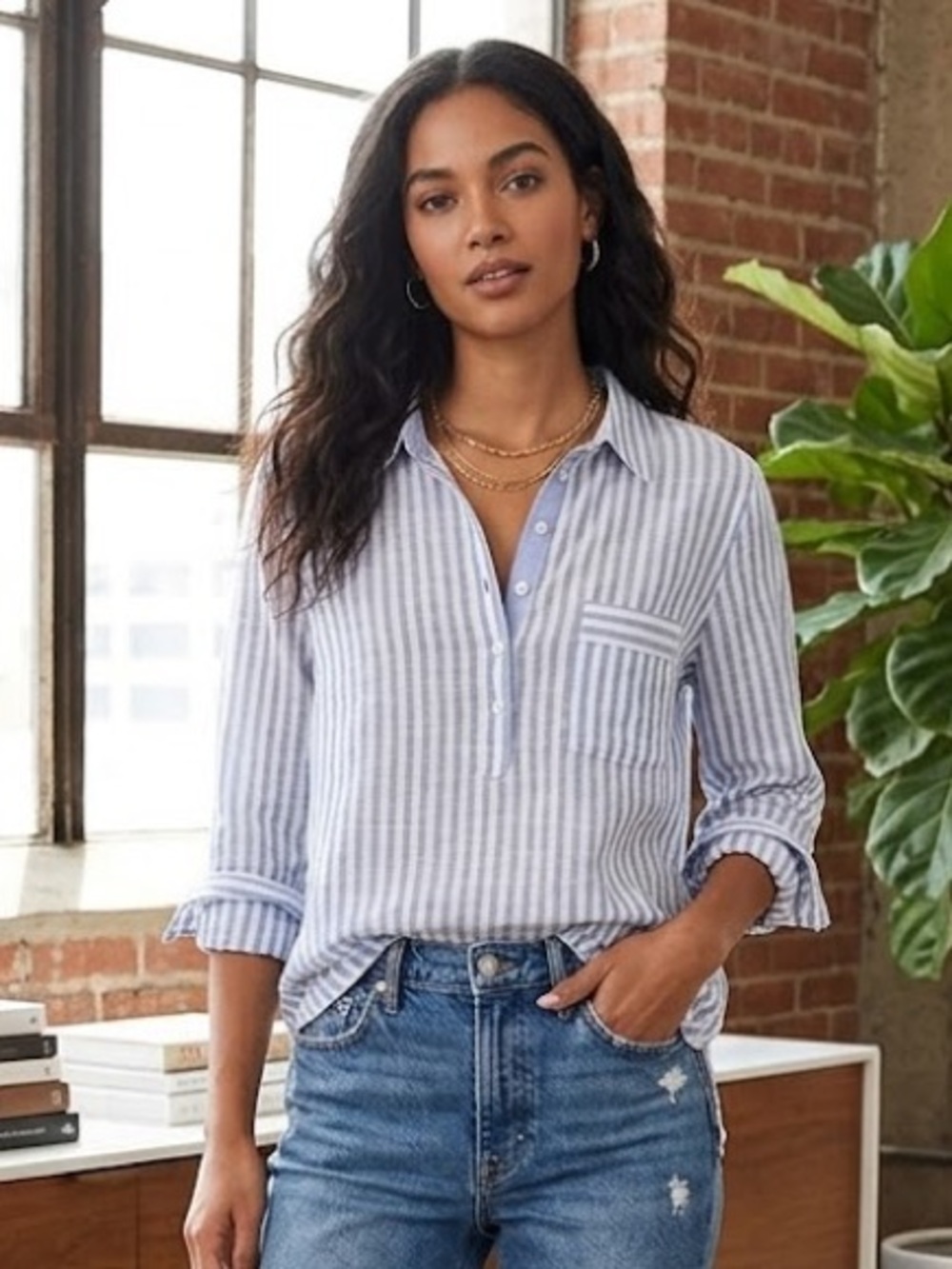 Jade by Melody Tam Blue Pin Striped Top
